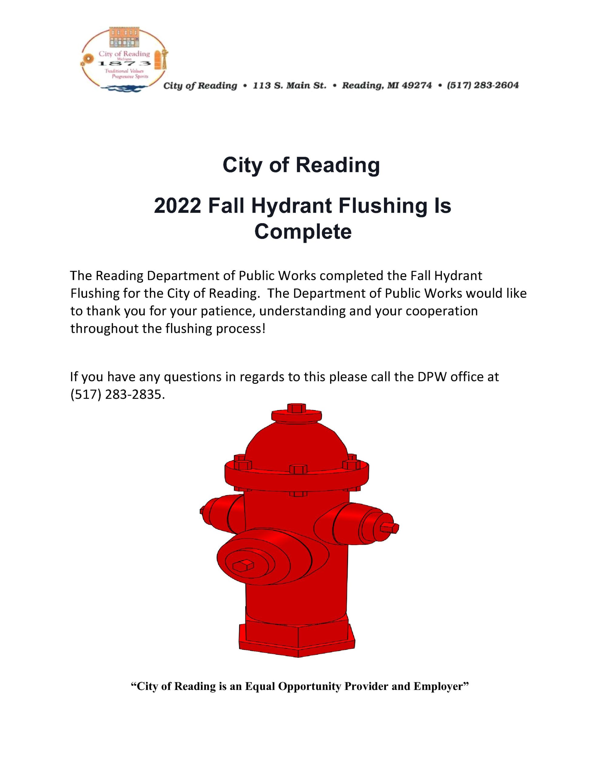 2022 Fall Hydrant Flushing Is Complete - City Of Reading, MI